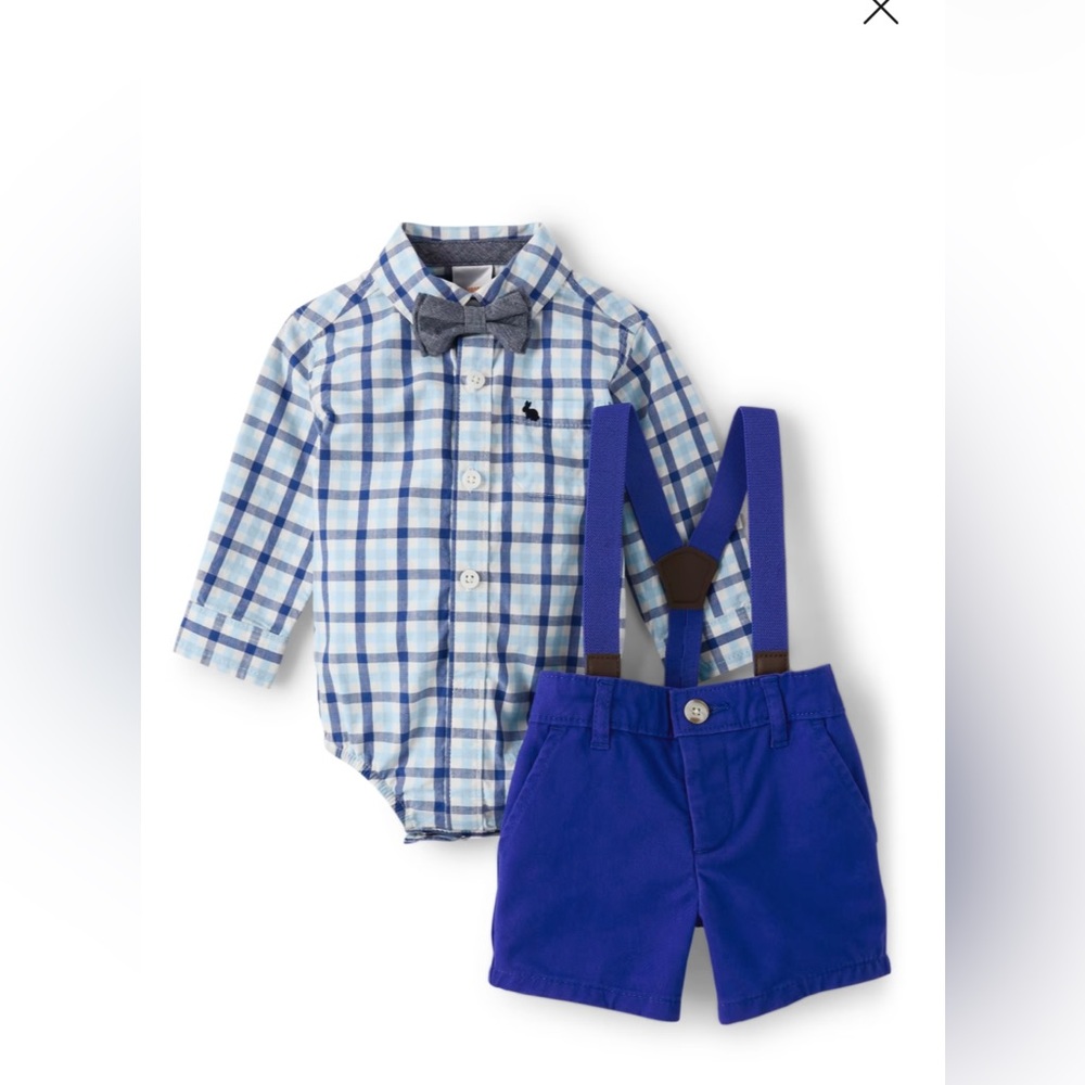 Baby Boys Dad And Me Plaid Button Up Bodysuit And Chino Shorts Set - Blue Belle